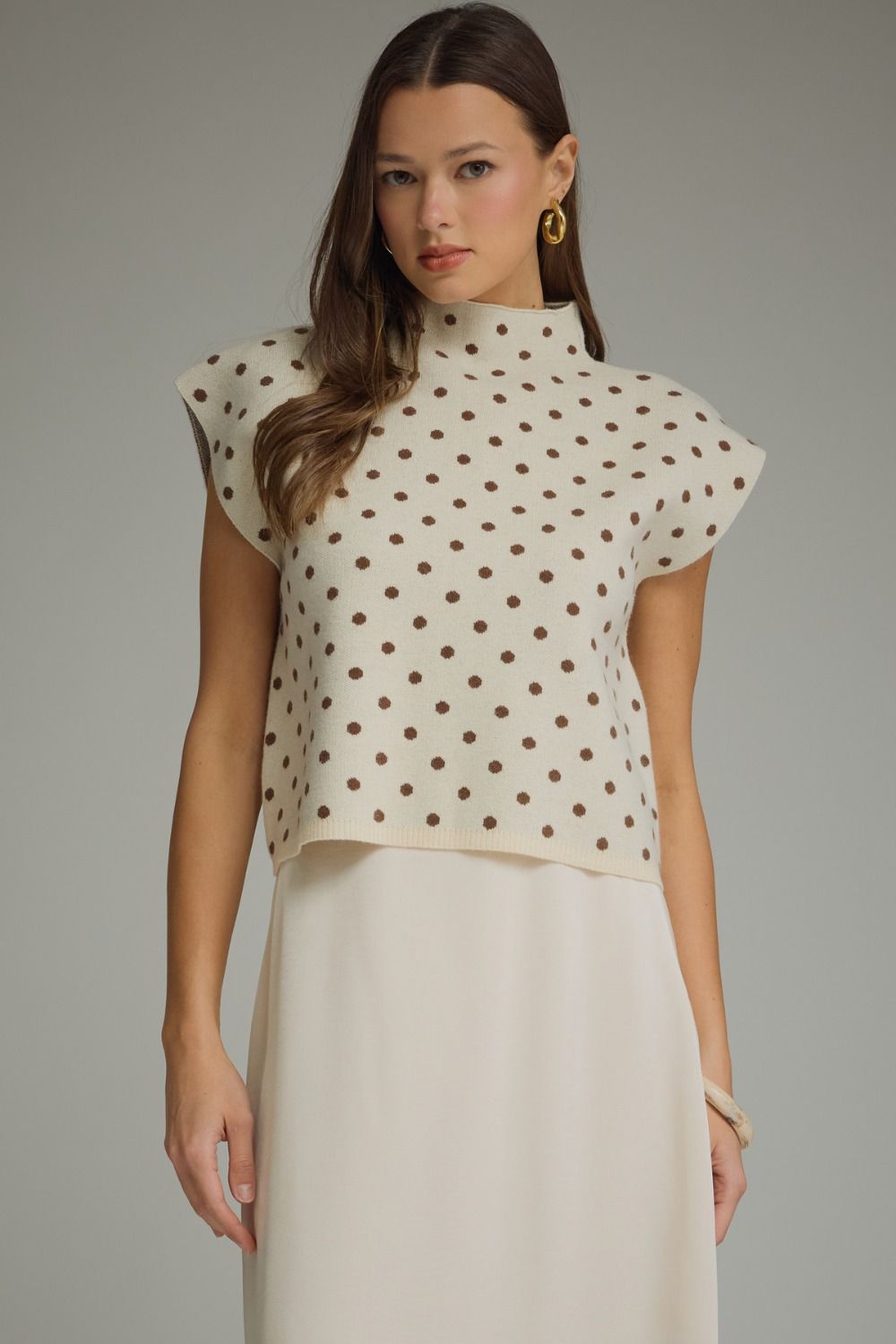 ENTRO Polka Dot Mock Neck Top In Ecru *COMING SOON*