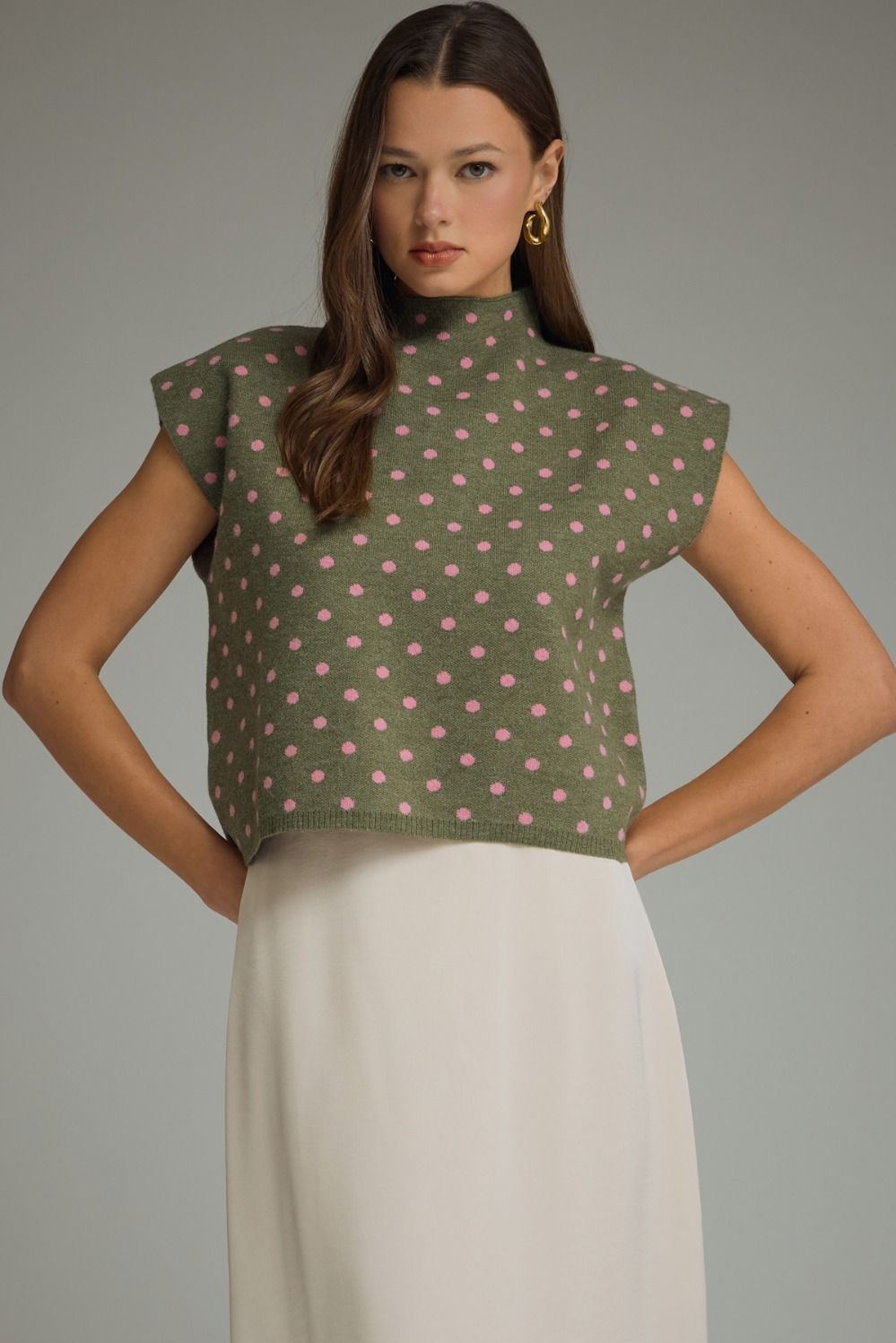 ENTRO Polka Dot Mock Neck Top In Olive *COMING SOON*