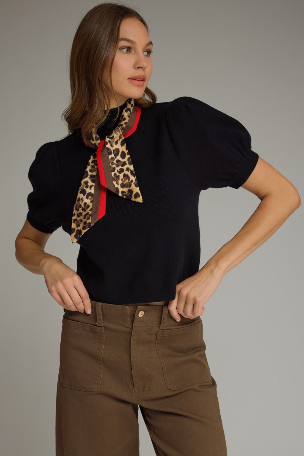 Entro Short Puff Sleeve Top With Scarf Detail In Black *COMING SOON*