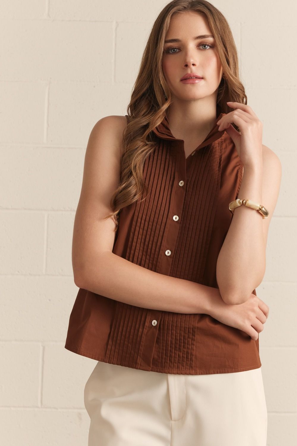 ENTRO Solid Sleeveless Pintuck Pleated Top In Brown *COMING SOON*