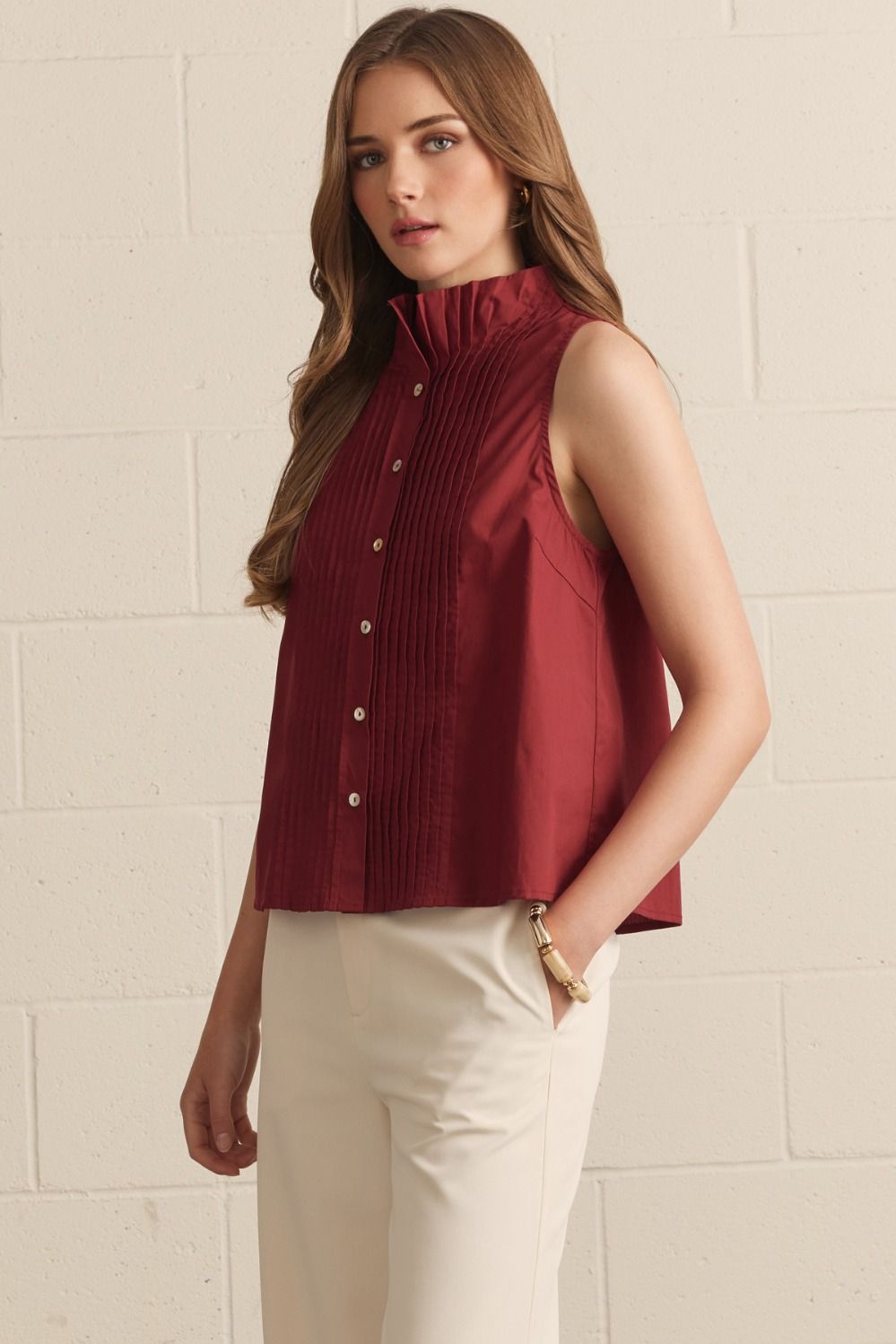 ENTRO Solid Sleeveless Pintuck Pleated Top In Burgundy *COMING SOON*