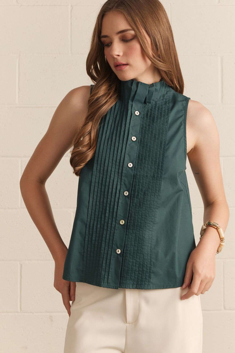 ENTRO Solid Sleeveless Pintuck Pleated Top In Hunter Green *COMING SOON*