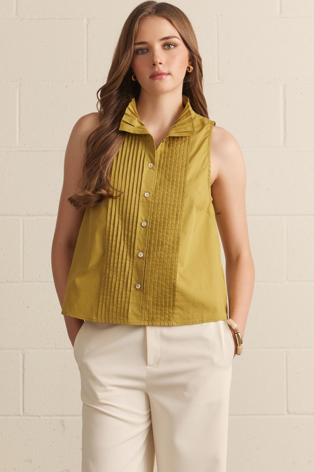 ENTRO Solid Sleeveless Pintuck Pleated Top In Martini Olive *COMING SOON*