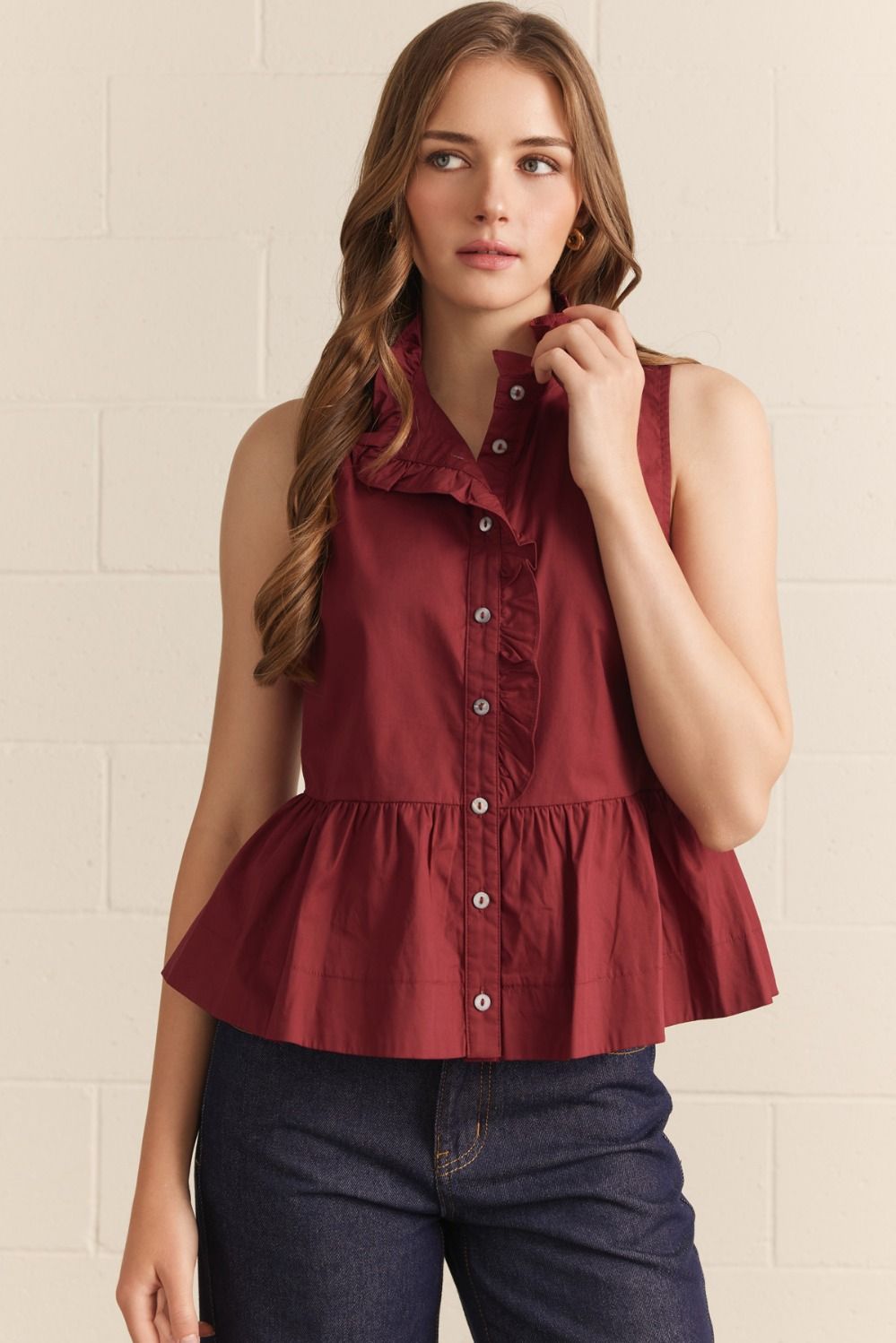 ENTRO Ruffle Collar Peplum Top In Burgundy *COMING SOON*
