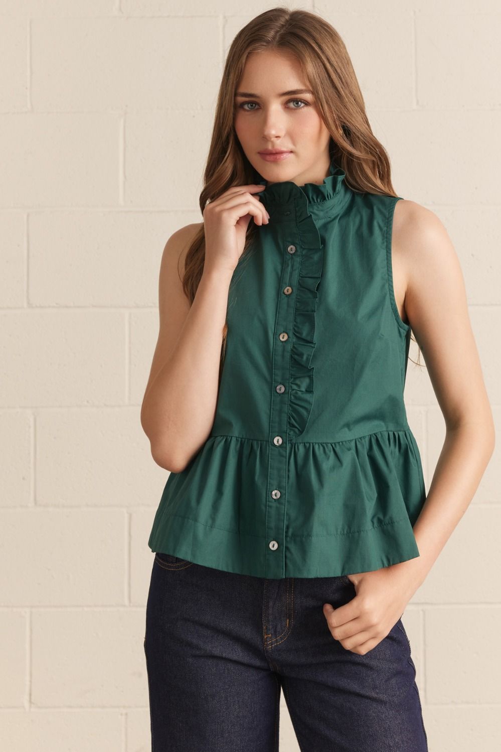 ENTRO Ruffle Collar Peplum Top In Hunter Green *COMING SOON*
