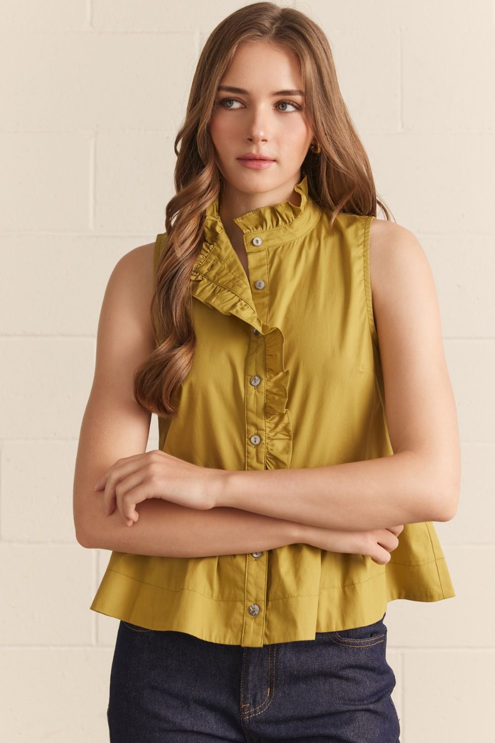 ENTRO Ruffle Collar Peplum Top In Martini Olive *COMING SOON*