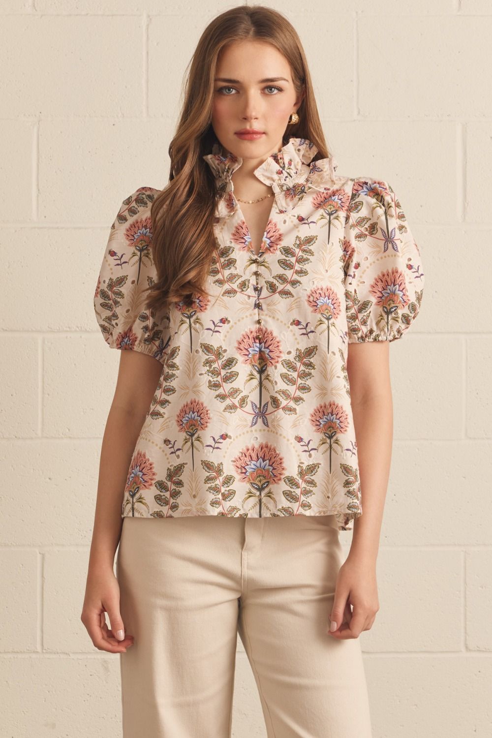 ENTRO Floral Eyelet Puff Sleeve Top In Ecru