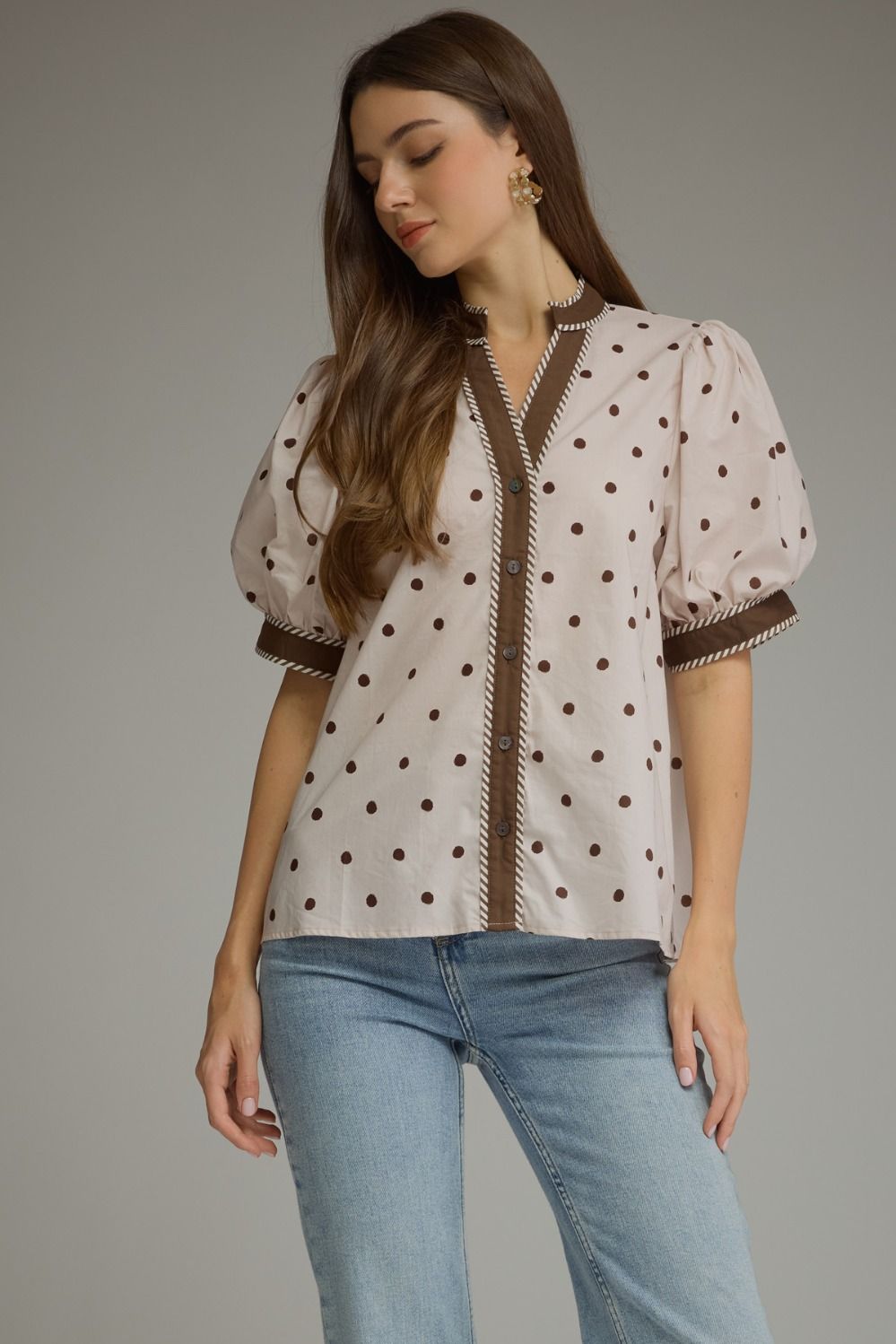 ENTRO Short Sleeve Top With Contrast Trim In Ecru