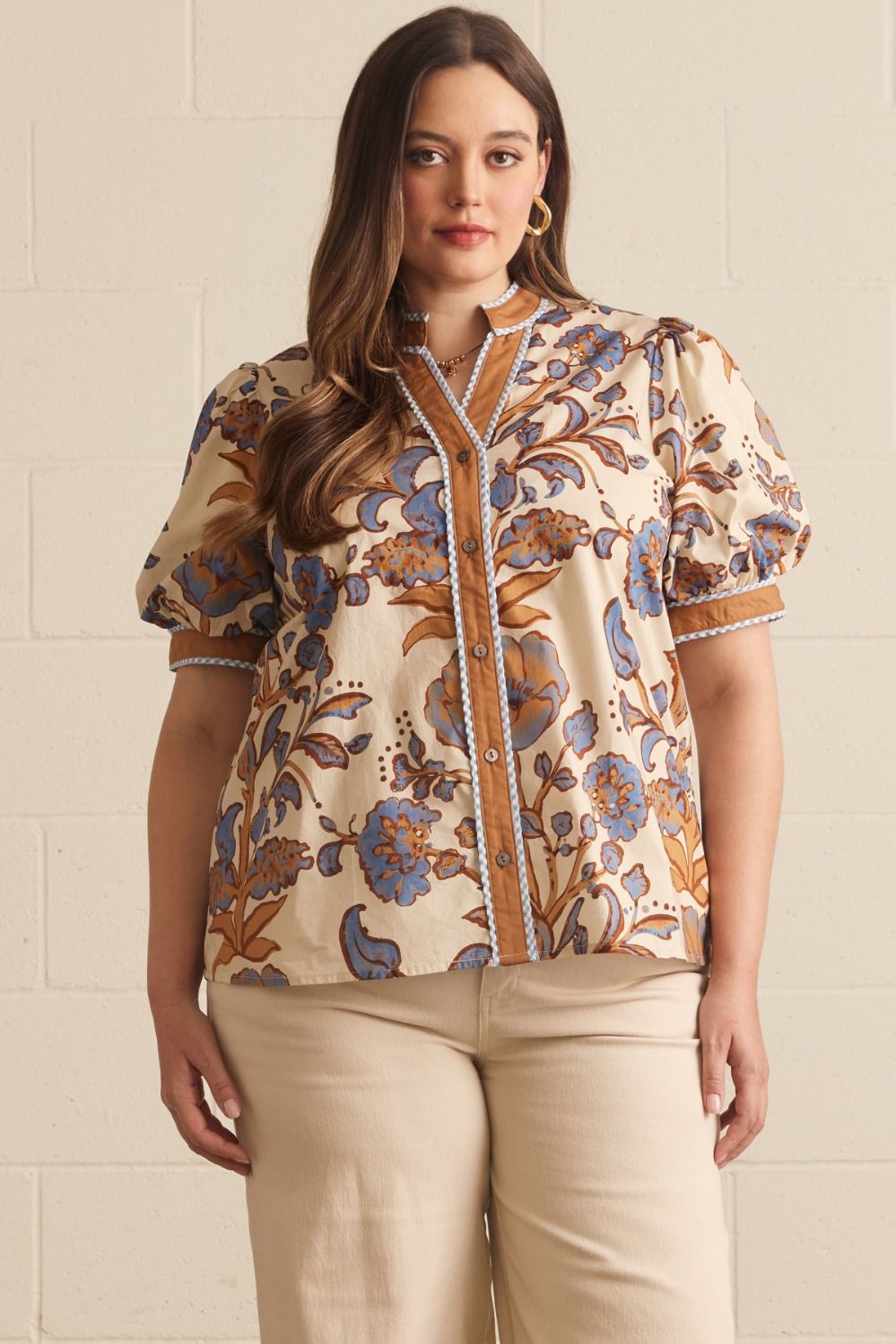 ENTRO Floral Puff Sleeve Top With Contrast Trim In Ecru PLUS Sizes