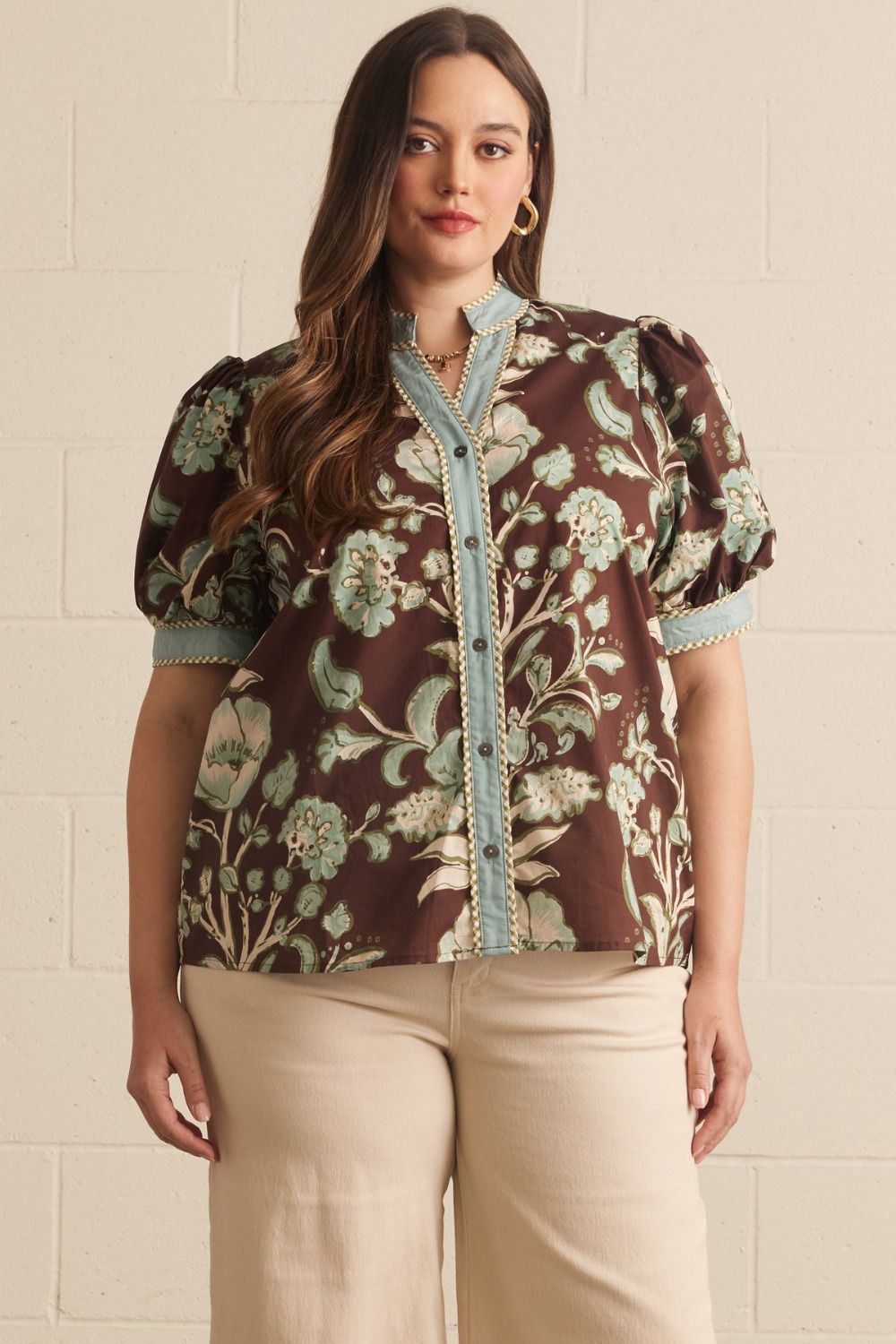 ENTRO Floral Puff Sleeve Top With Contrast Trim In Chocolate PLUS Sizes *COMING SOON*