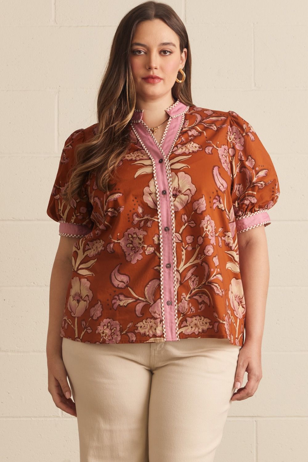 ENTRO Floral Puff Sleeve Top With Contrast Trim In Rust PLUS Sizes