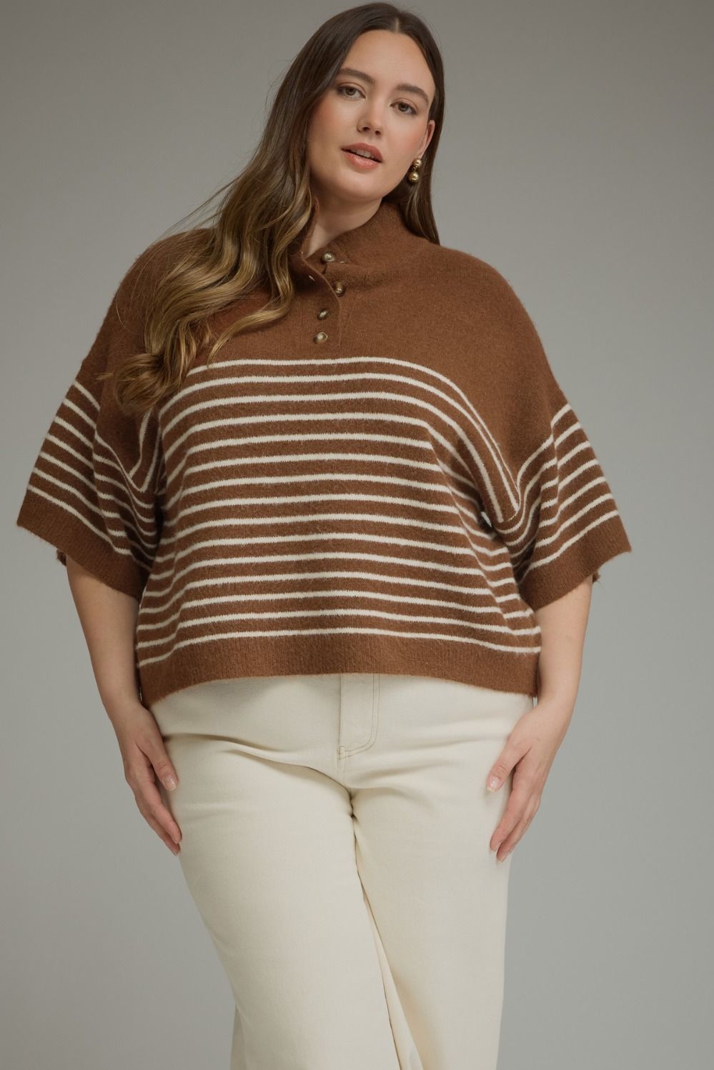 ENTRO Short Sleeve Stripe Knit Top In Brown PLUS Sizes