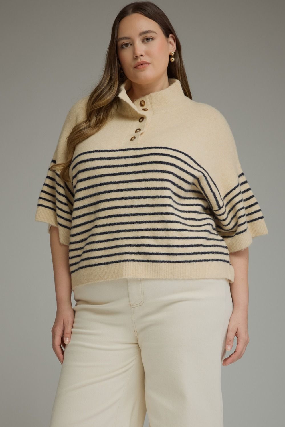 ENTRO Short Sleeve Stripe Knit Top In Ecru PLUS Sizes