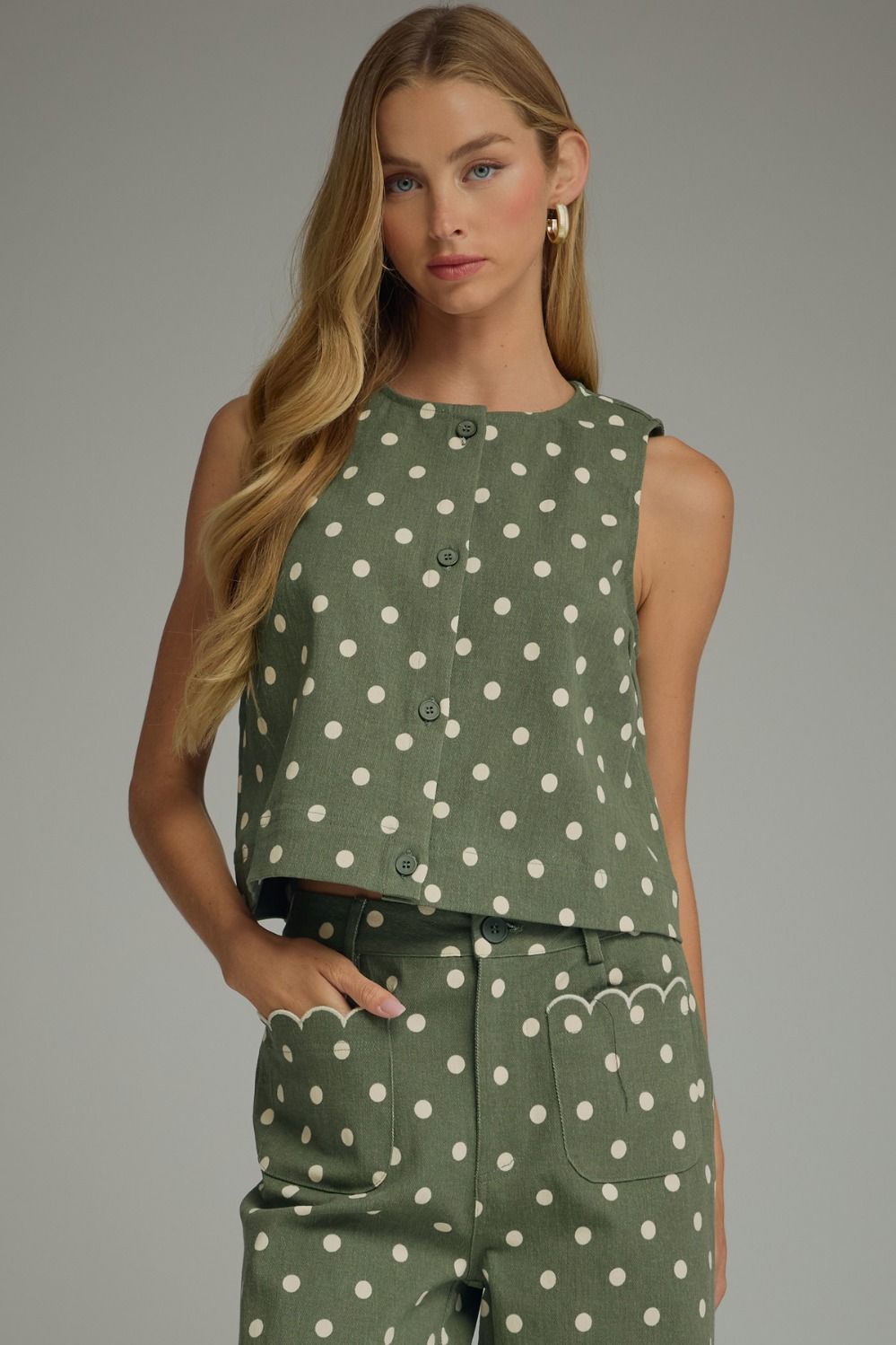 ENTRO Polka Dot Button Up Top In Olive