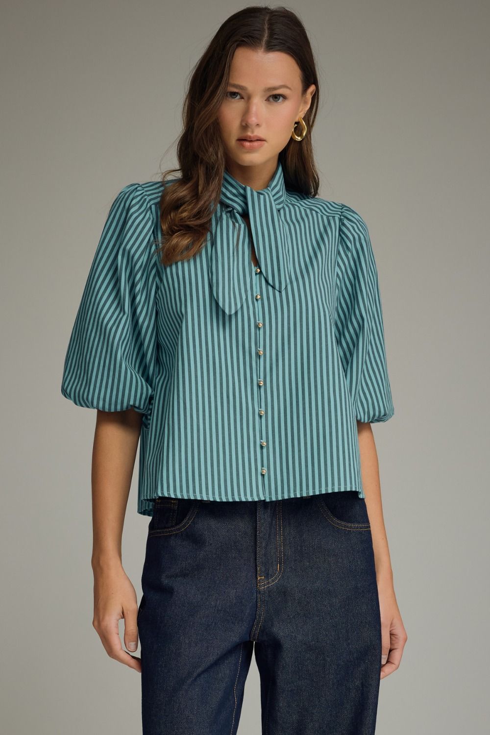 ENTRO Striped Neck Tie Puff Sleeve Top In Blue