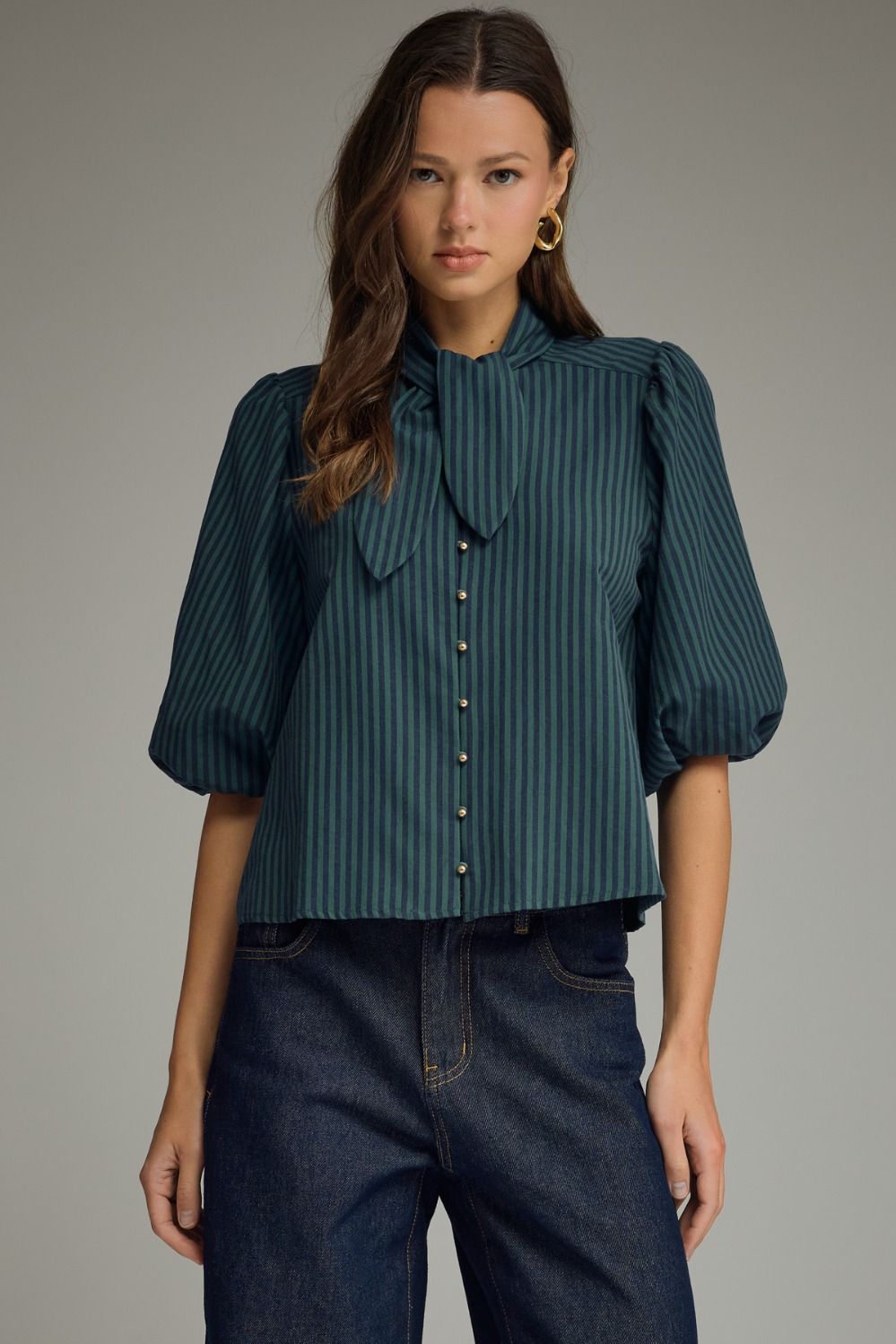 ENTRO Striped Neck Tie Puff Sleeve Top In Hunter Green