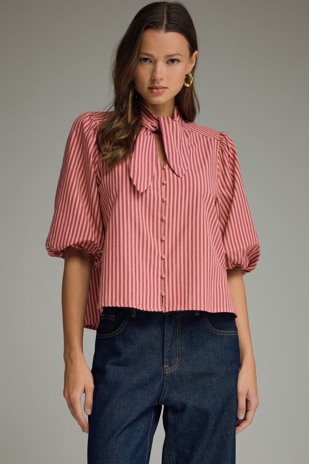 ENTRO Striped Neck Tie Puff Sleeve Top In Wine