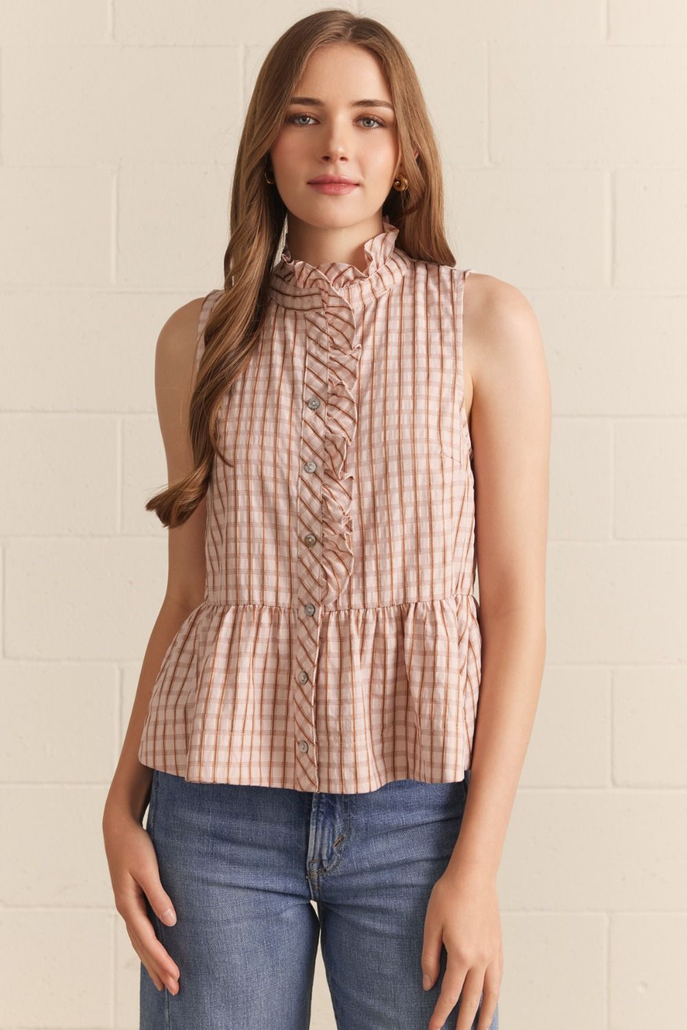 ENTRO Ruffle Collar Peplum Top In Blush Plaid *COMING SOON*