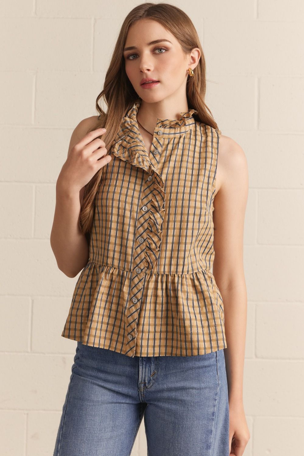 ENTRO Ruffle Collar Peplum Top In Camel Plaid *COMING SOON*