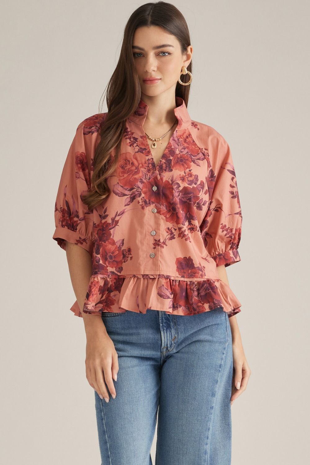 ENTRO Floral Half Sleeve Top In Marsala
