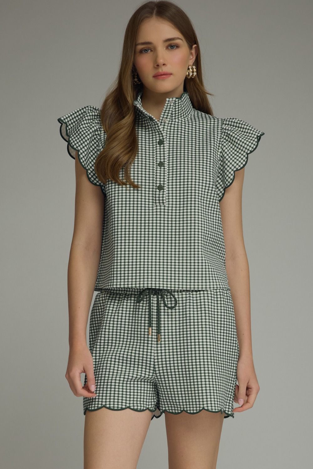 ENTRO Gingham Scalloped Sleeve In Hunter Green