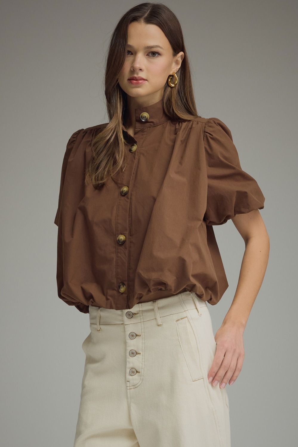 ENTRO Solid Short Puff Sleeve Top With Bubble Hem In Brown