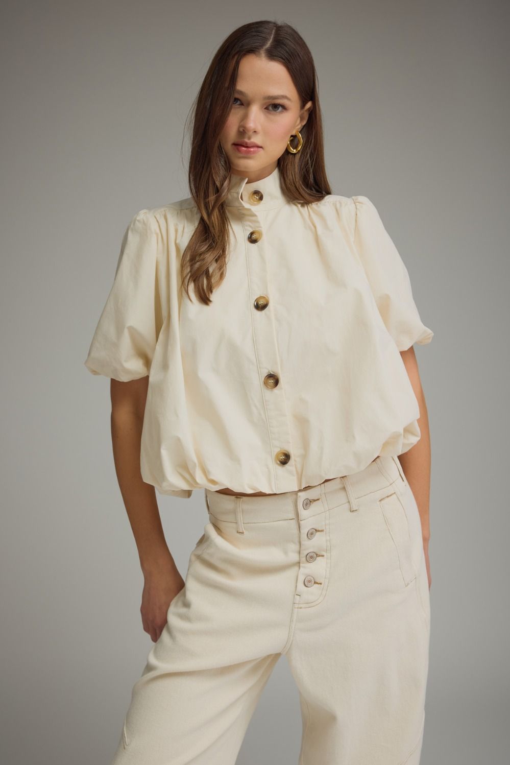 ENTRO Solid Short Puff Sleeve Top With Bubble Hem In Ecru