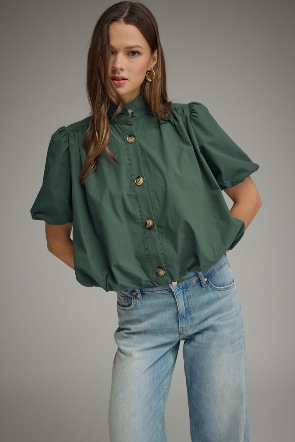 ENTRO Solid Short Puff Sleeve Top With Bubble Hem In Hunter Green