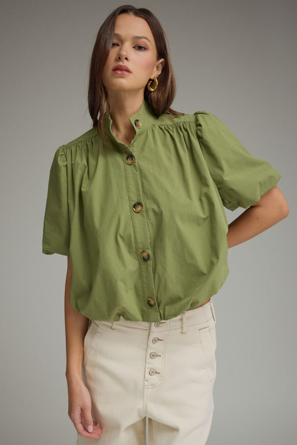ENTRO Solid Short Puff Sleeve Top With Bubble Hem In Olive