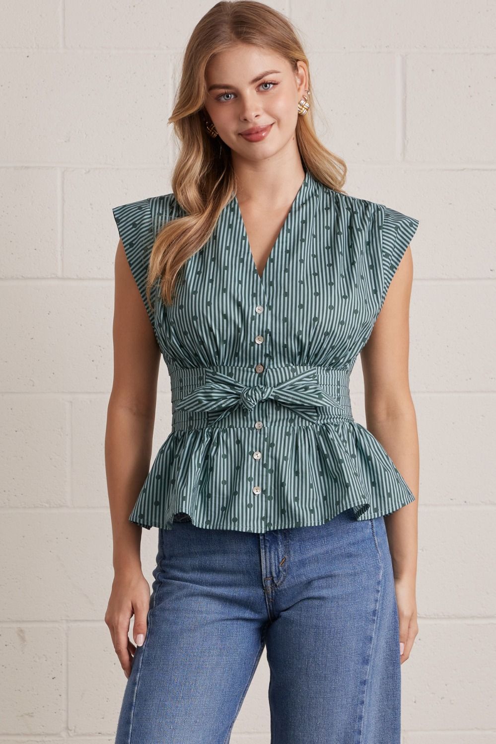 Entro Striped Print V Neck With Self Tie Waist In Hunter Green *COMING SOON*