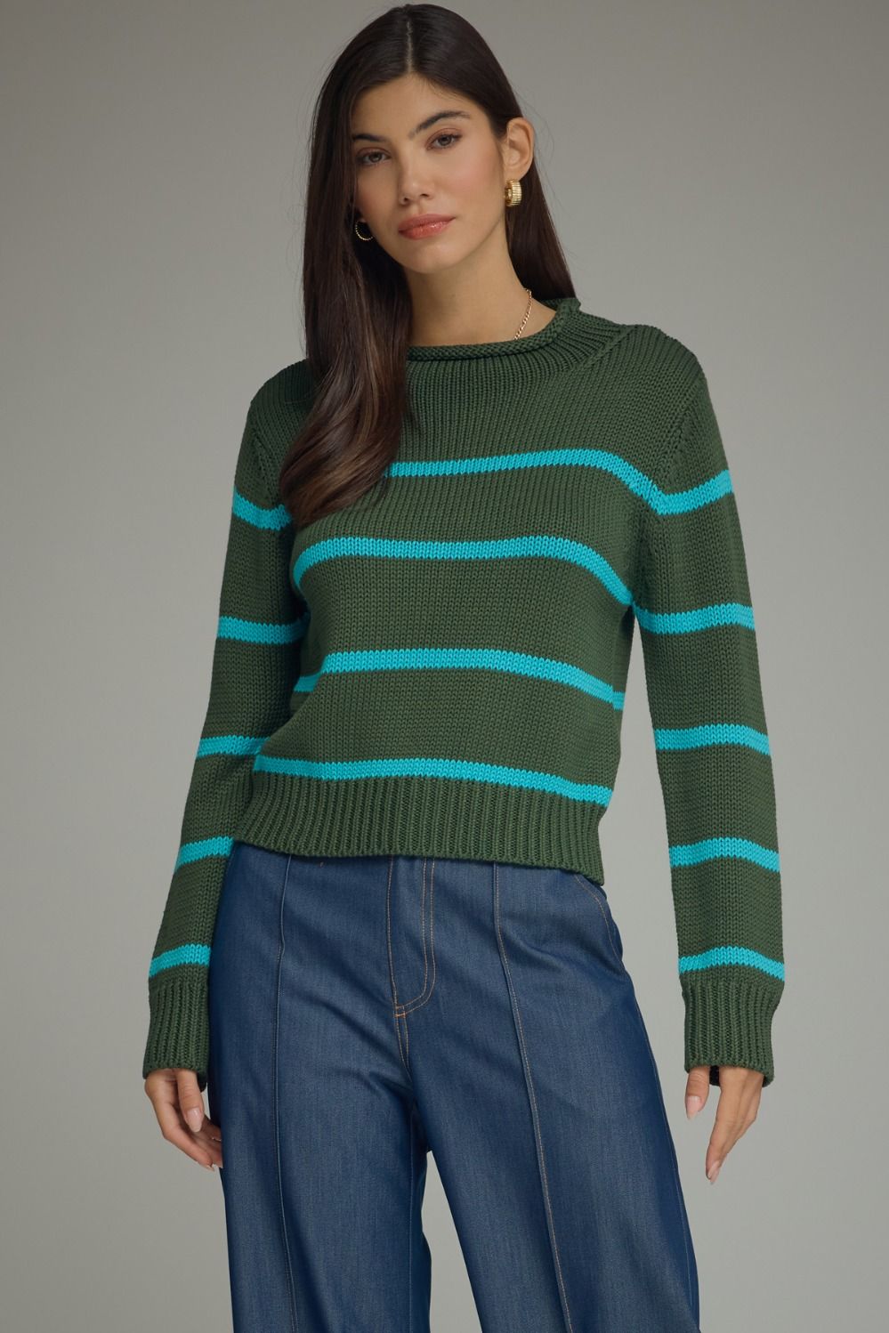 ENTRO Stripe Long Sleeve Knit Top In Army