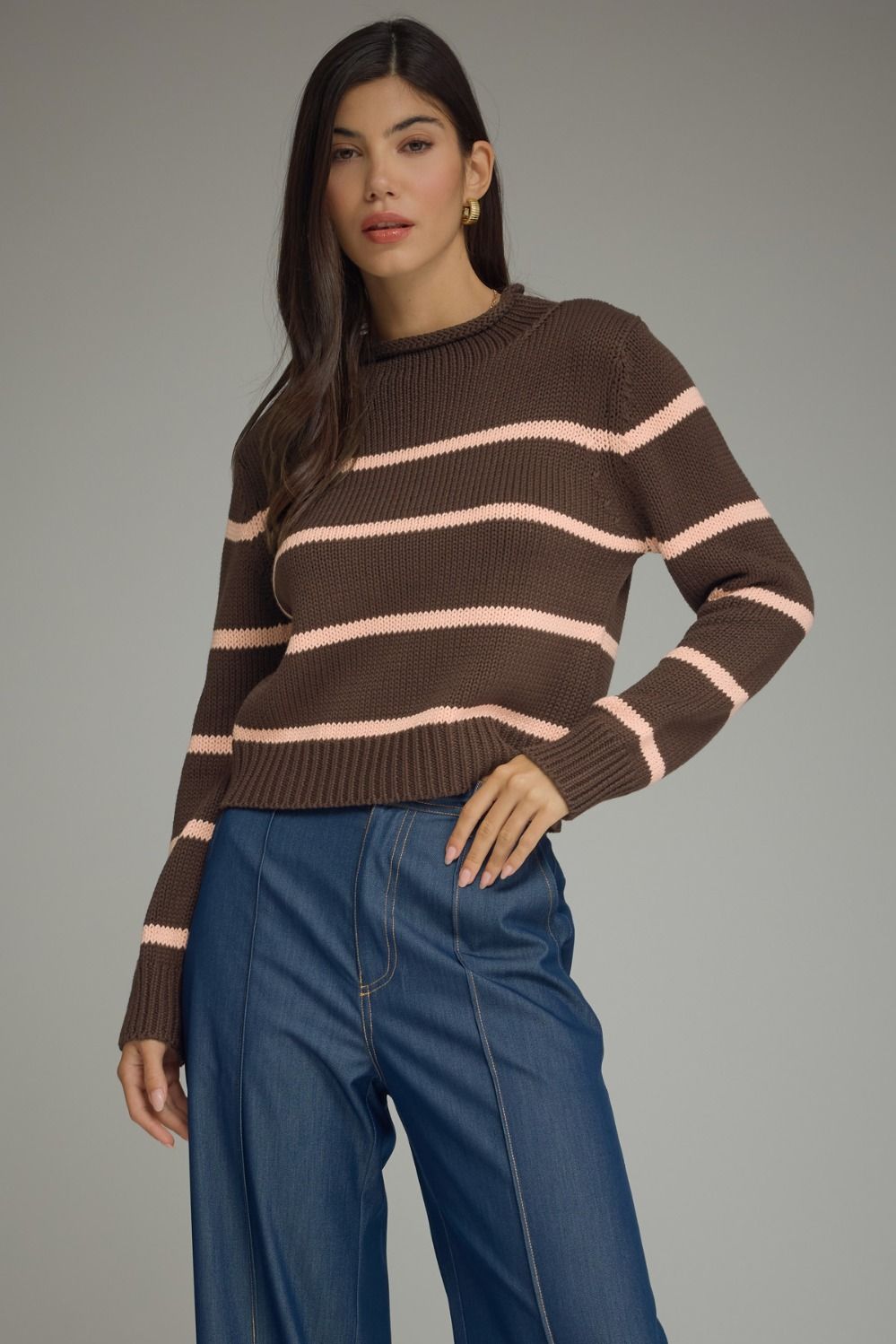 ENTRO Stripe Long Sleeve Knit Top In Brown