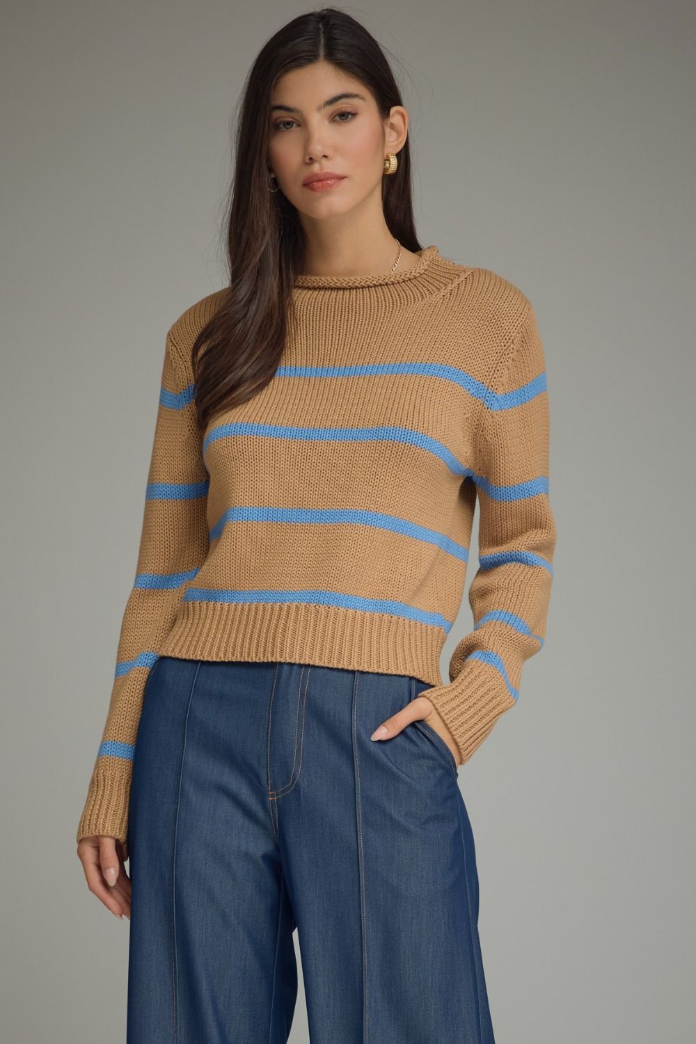 ENTRO Stripe Long Sleeve Knit Top In Camel