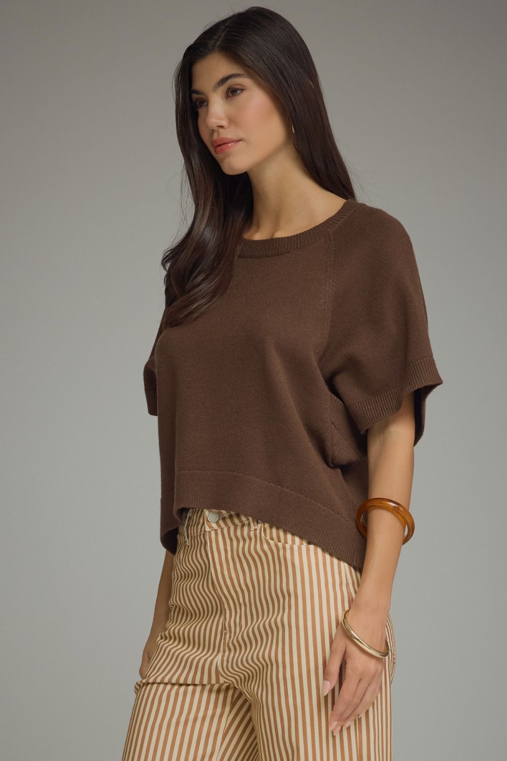 ENTRO Short Dolman Sleeve Sweater Top In Brown