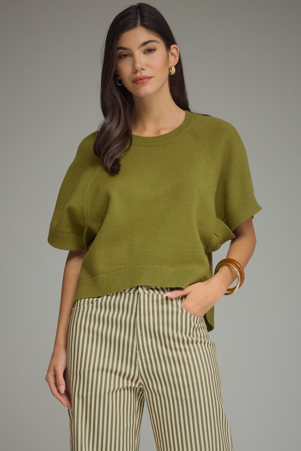 ENTRO Short Dolman Sleeve Sweater Top In Martini Olive