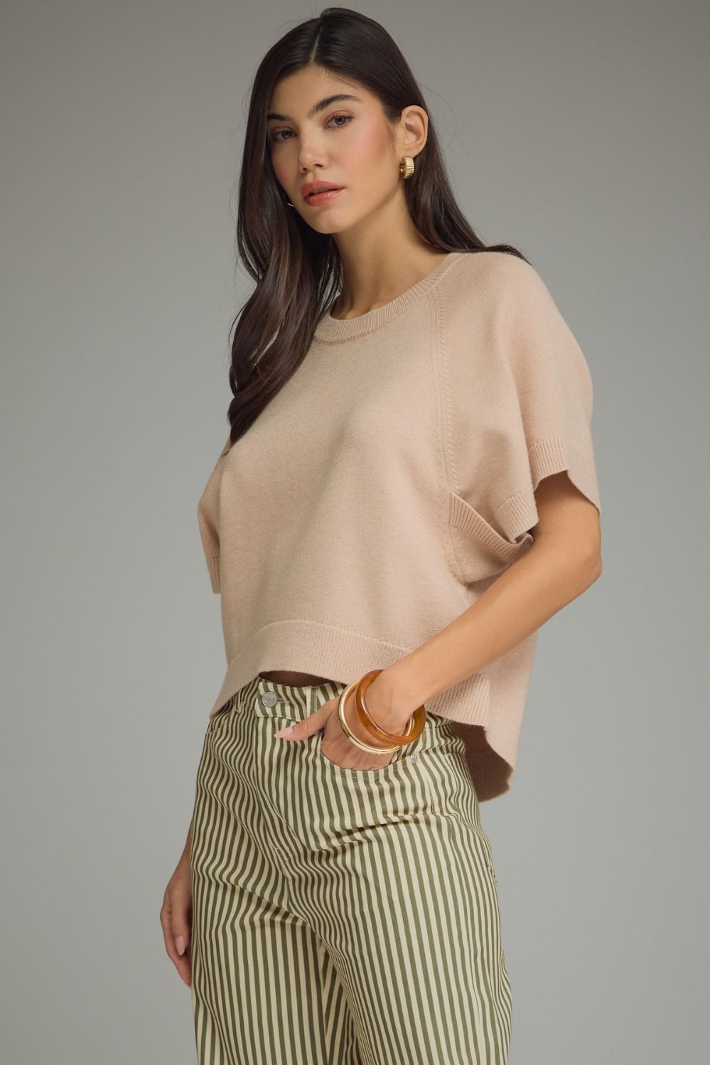 ENTRO Short Dolman Sleeve Sweater Top In Oatmeal