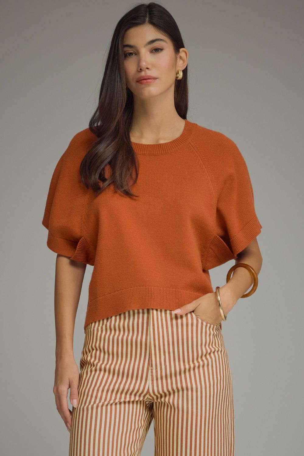 ENTRO Short Dolman Sleeve Sweater Top In Rust