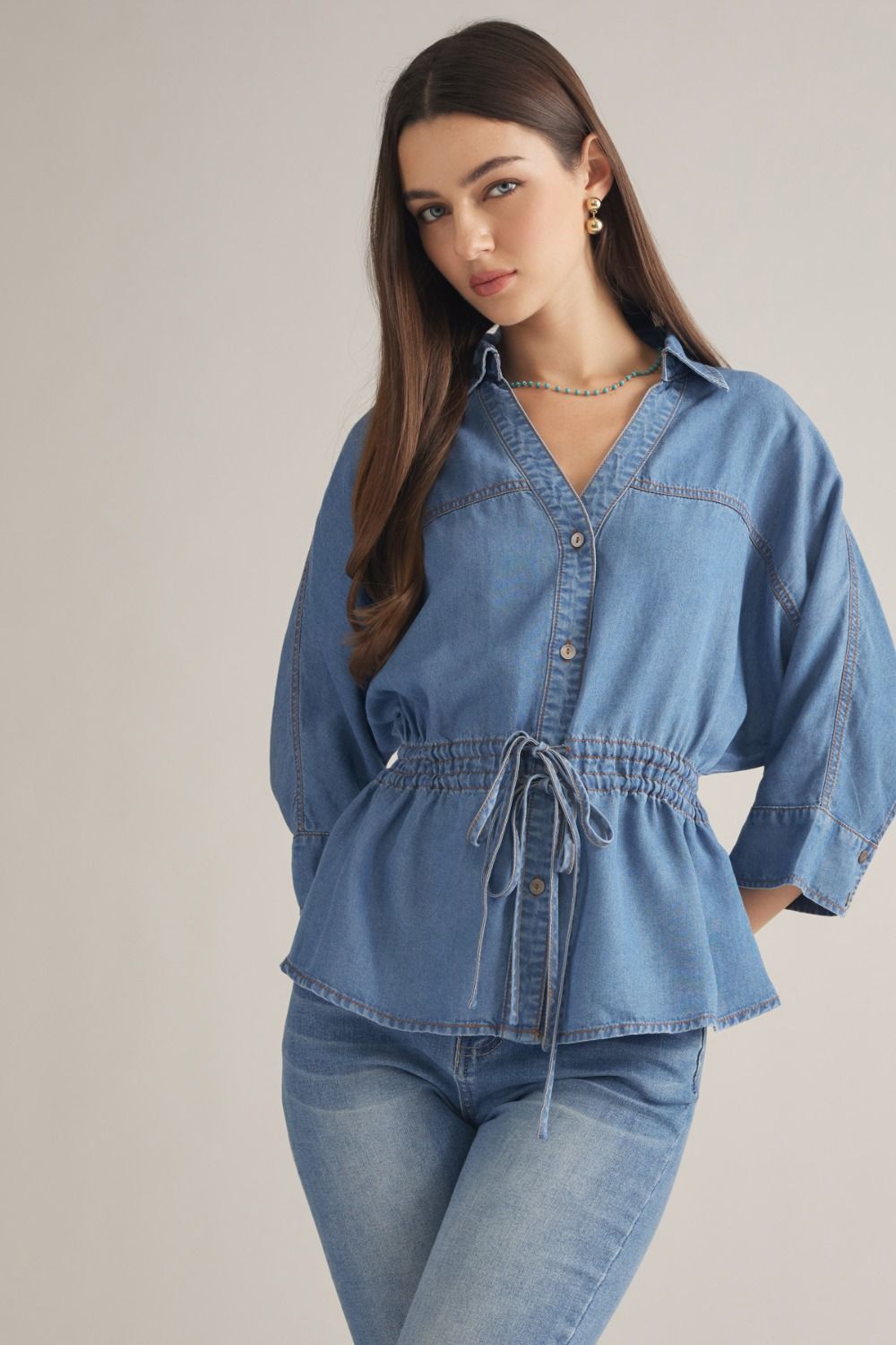 ENTRO 3/4 Sleeve Top With Drawstring Waist In Dark Denim