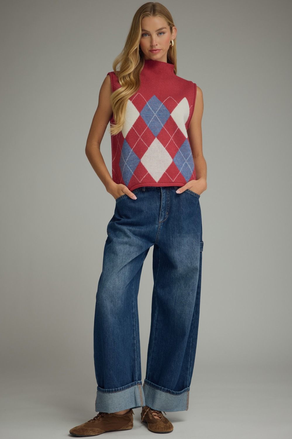 ENTRO Argyle Sleeveless Knit Top In Burgundy