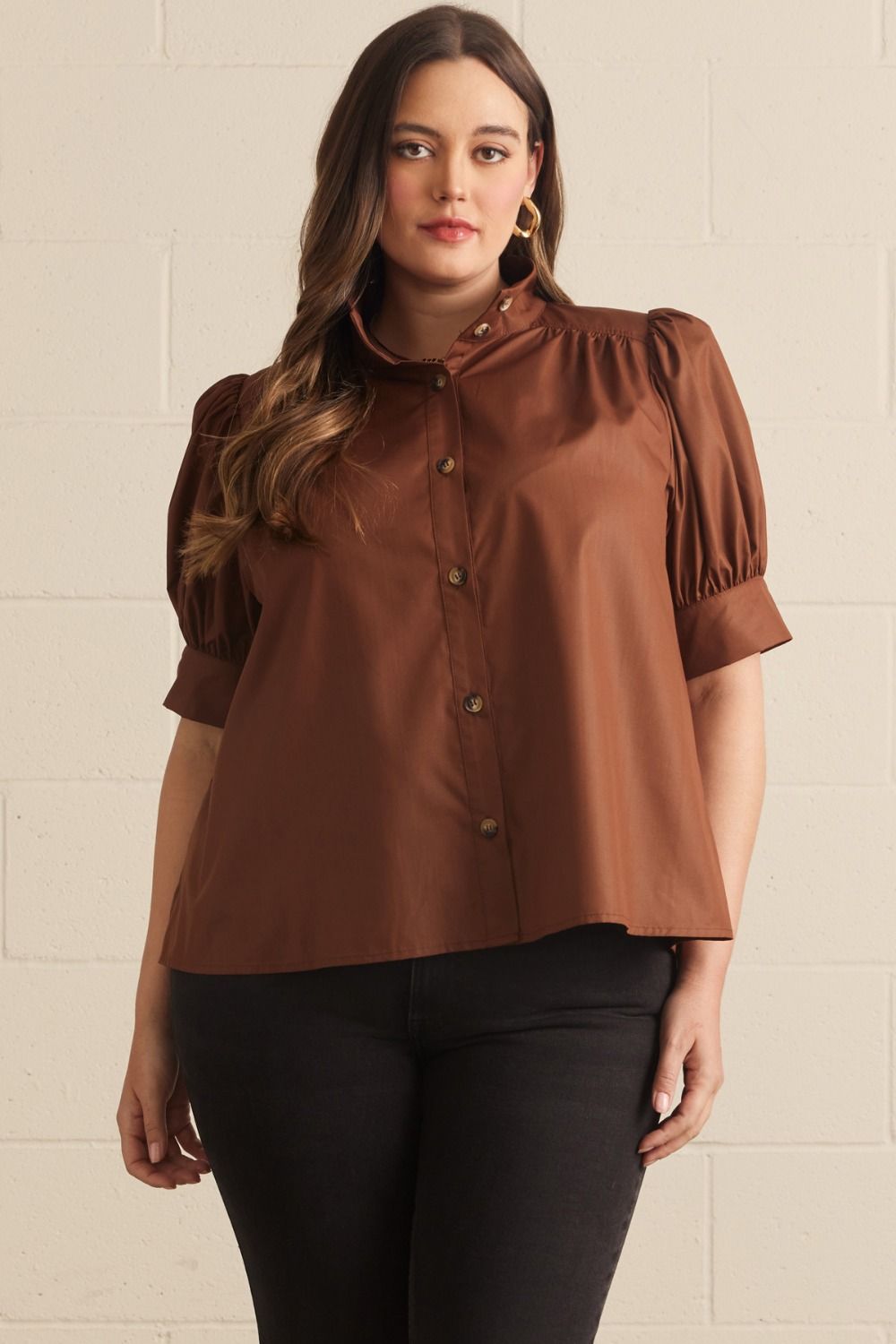 ENTRO Short Puff Sleeve Button Up Top In Brown PLUS Sizes