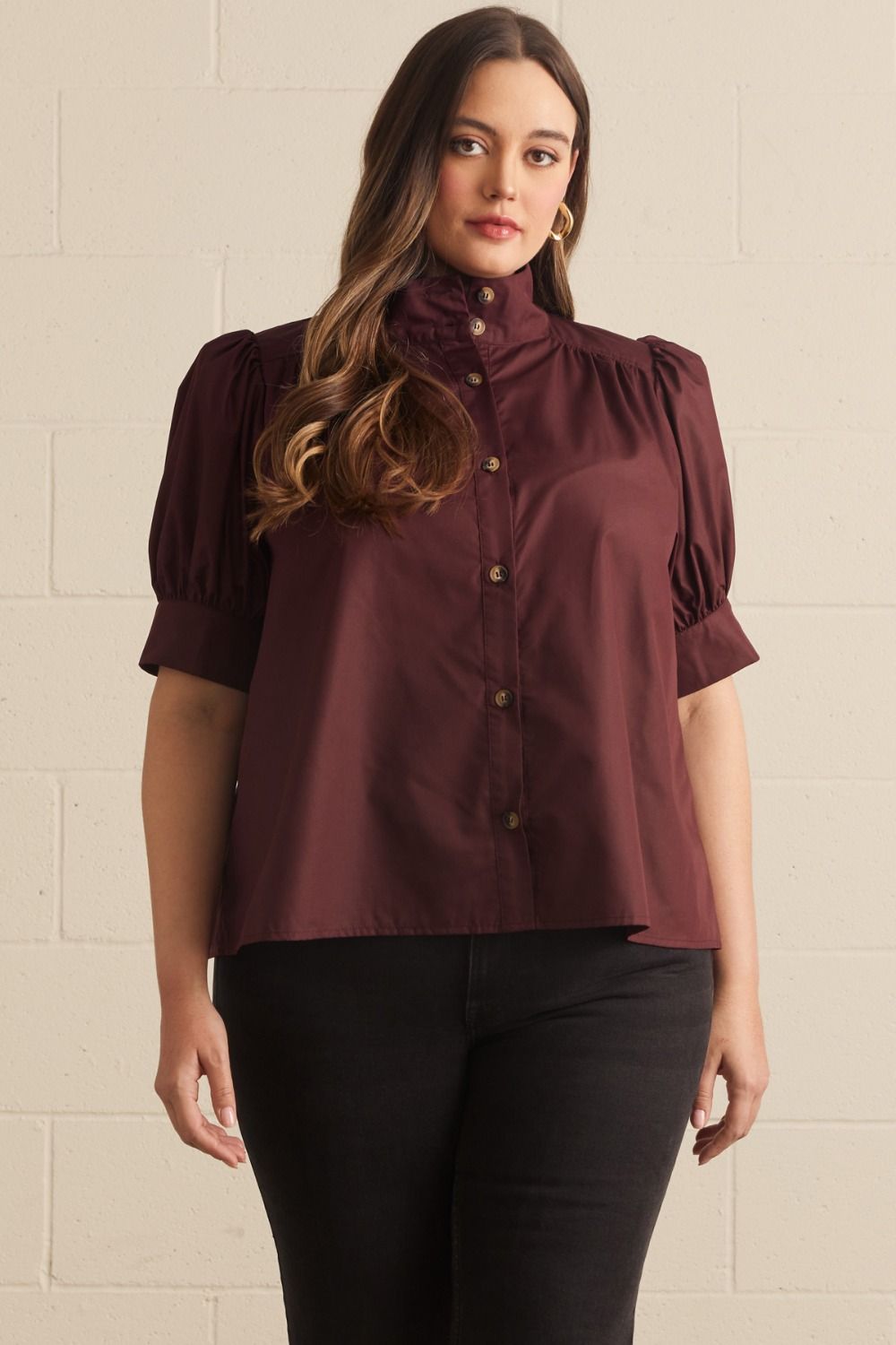 ENTRO Short Puff Sleeve Button Up Top In Burgundy PLUS Sizes