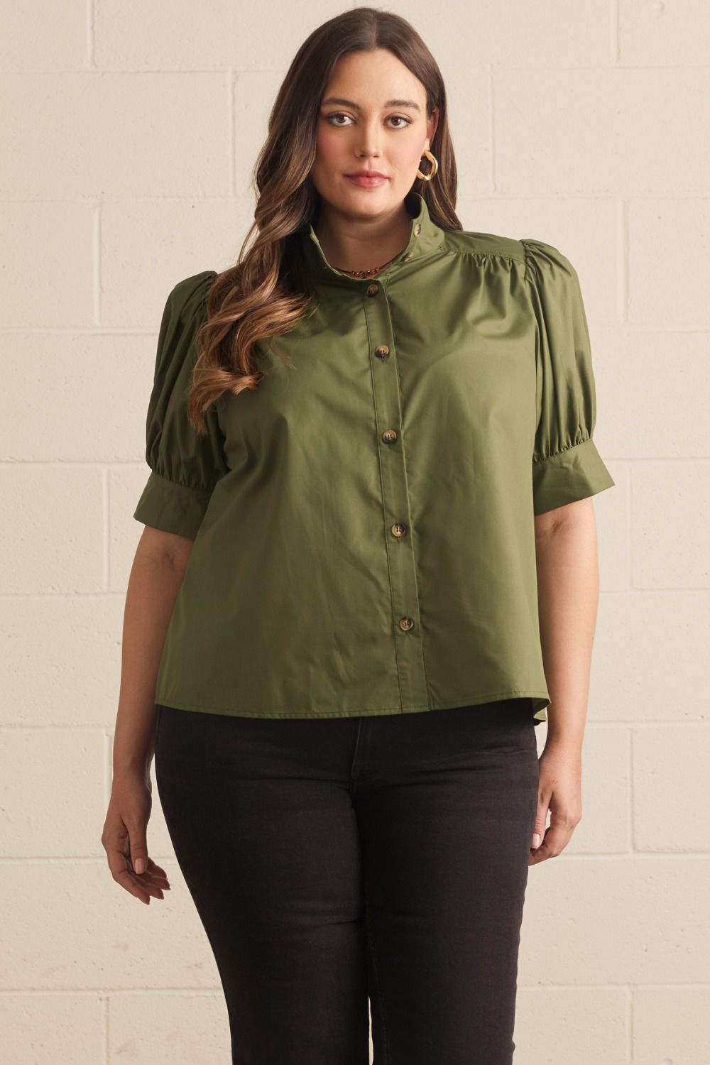ENTRO Short Puff Sleeve Button Up Top In Olive PLUS Sizes