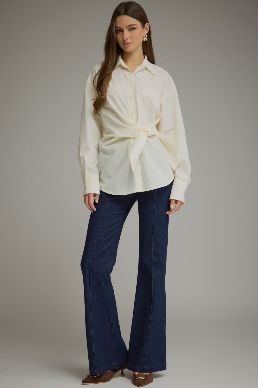 ENTRO Solid Long Sleeve Button Up With Self Tie Waist In Cream