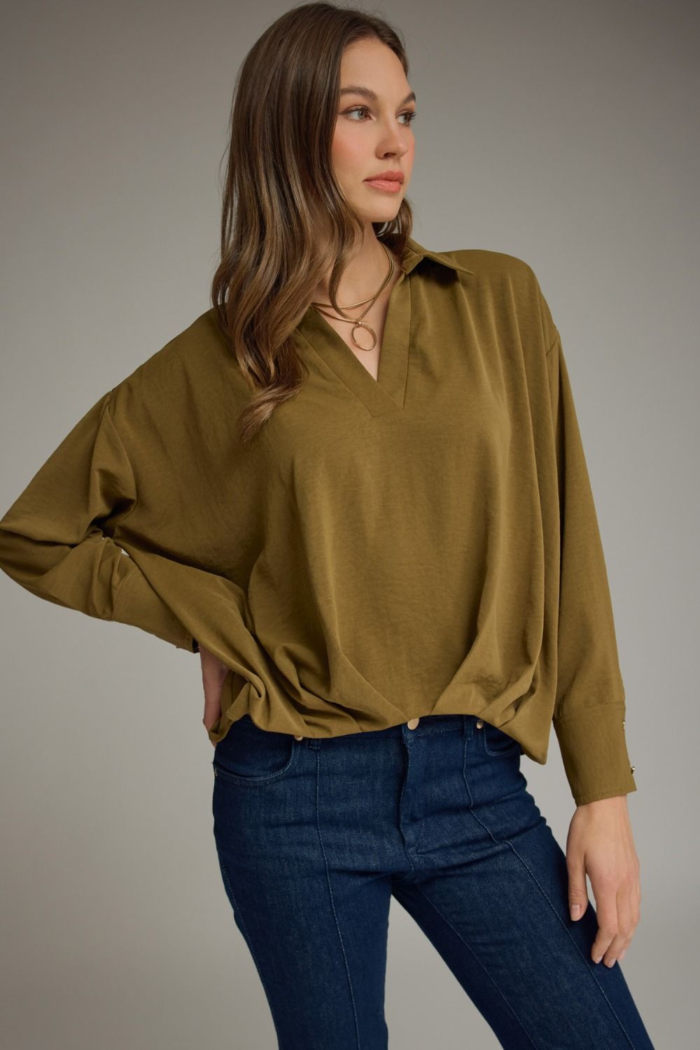 ENTRO Collared Long Sleeve V Neck In Martini Olive *COMING SOON*