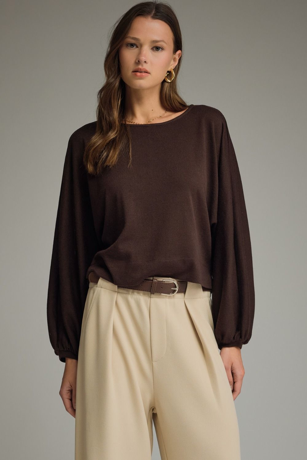 ENTRO Solid Boatneck Balloon Sleeve Top In Brown *COMING SOON*