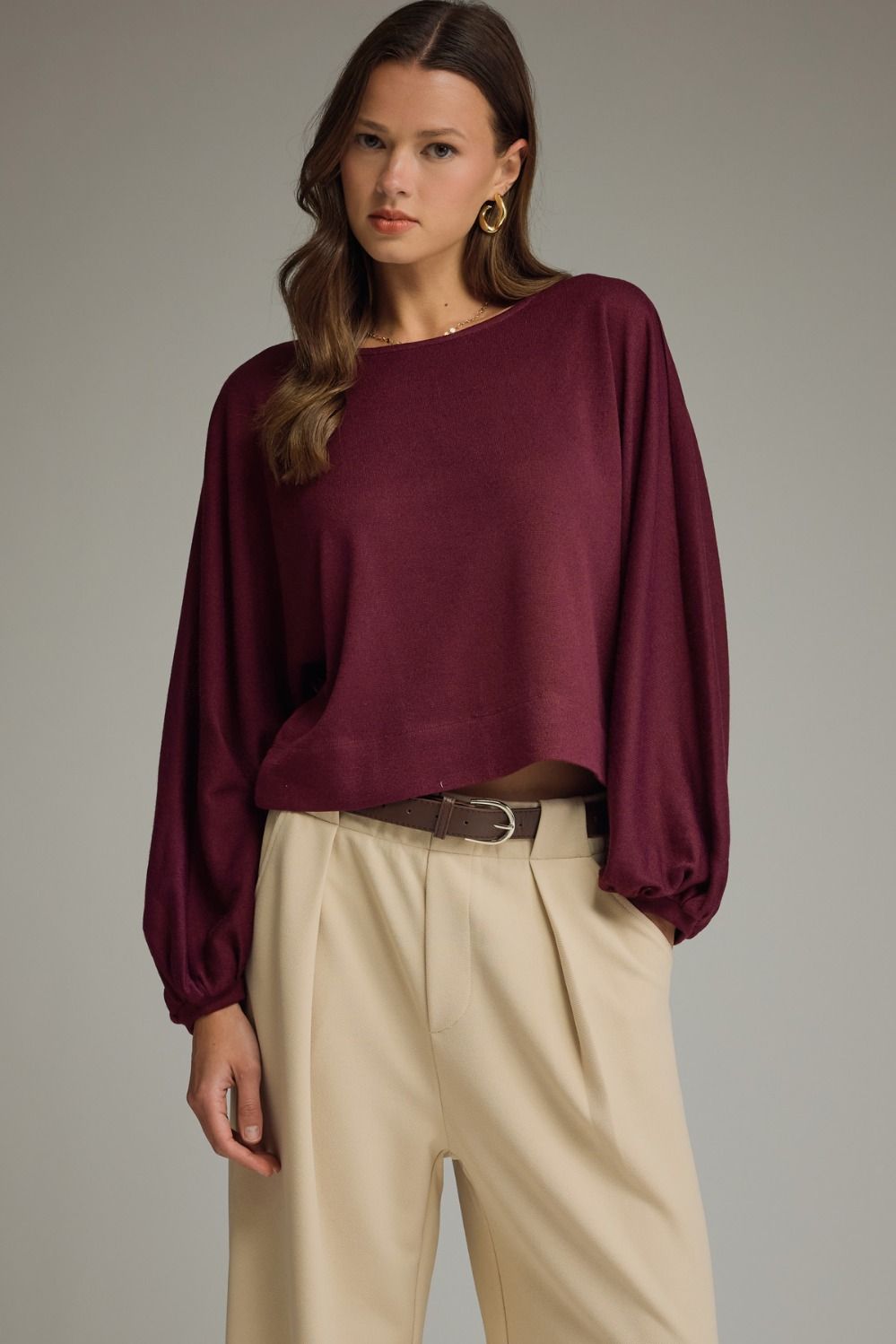 ENTRO Solid Boatneck Balloon Sleeve Top In Burgundy *COMING SOON*