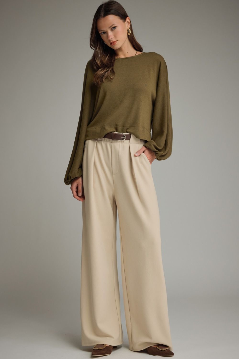 ENTRO Solid Boatneck Balloon Sleeve Top In Martini Olive *COMING SOON*