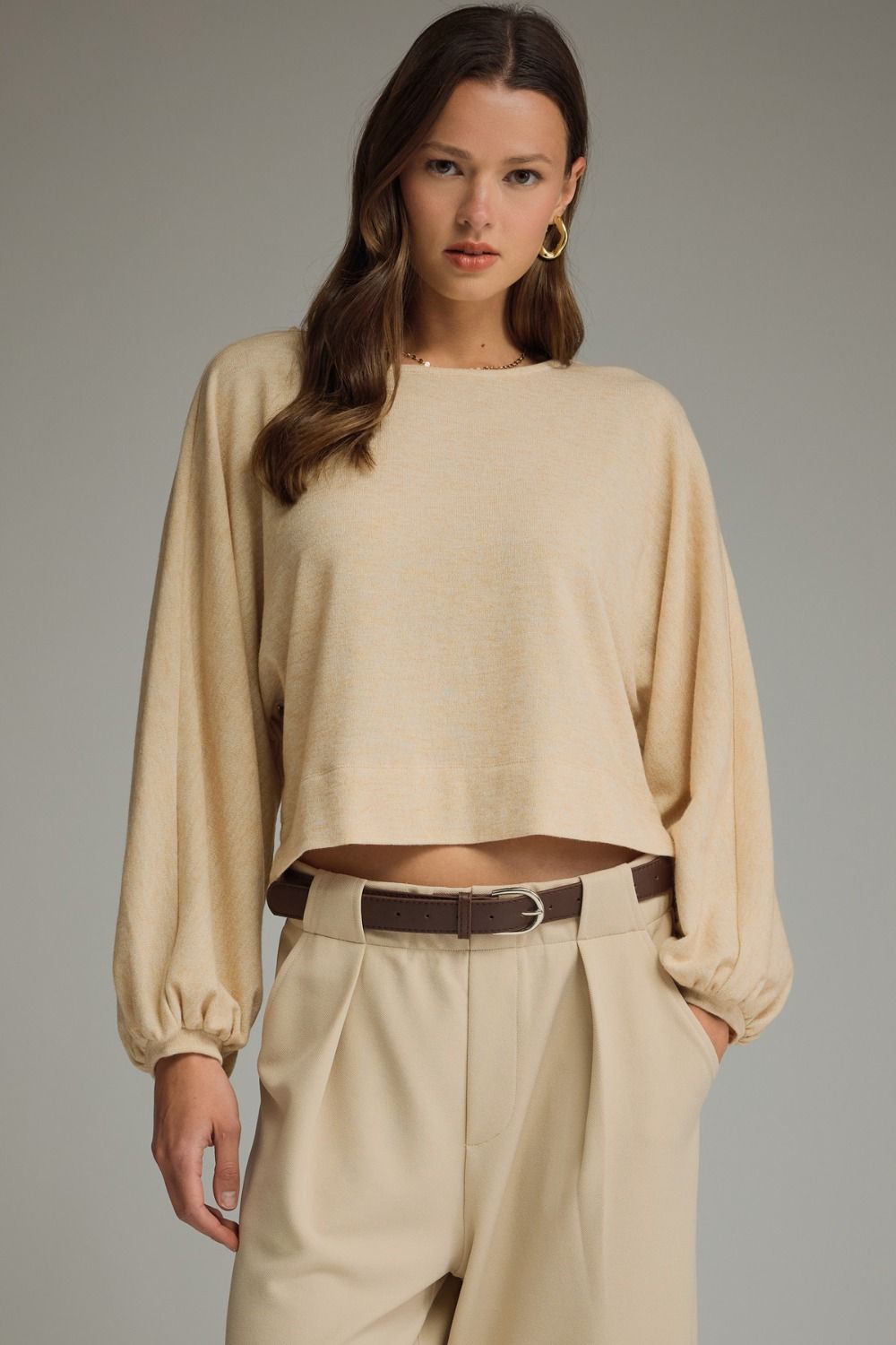 ENTRO Solid Boatneck Balloon Sleeve Top In Oatmeal *COMING SOON*