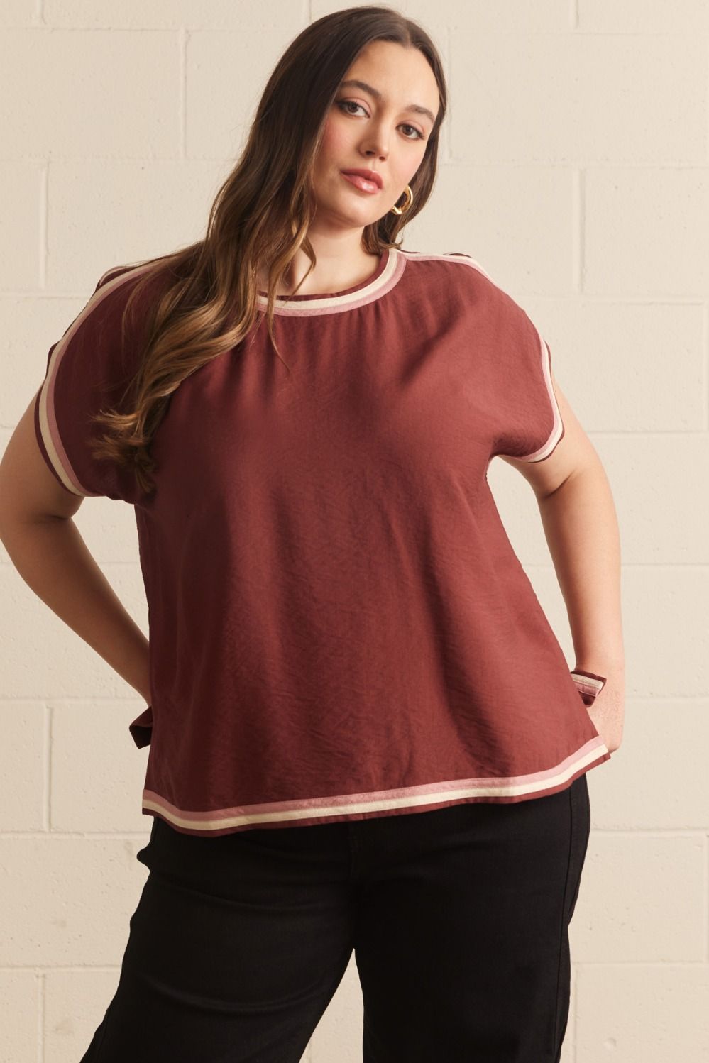 ENTRO Solid Cap Sleeve Top With Contrast Trim In Brick PLUS Sizes *COMING SOON*