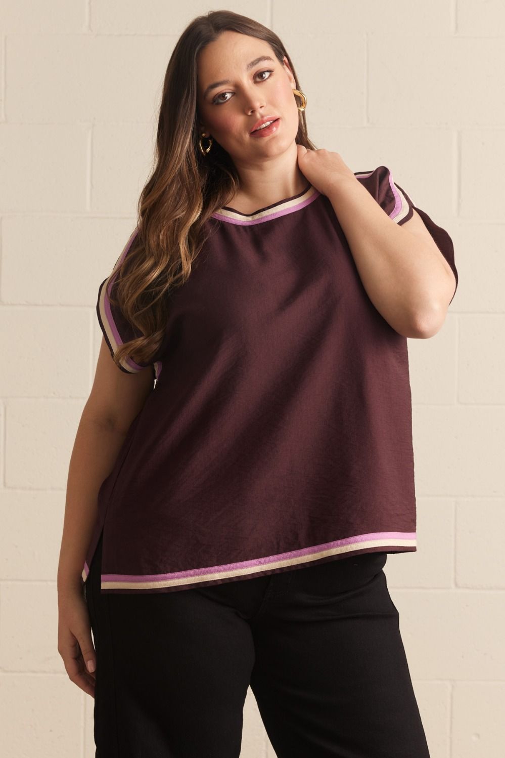 ENTRO Solid Cap Sleeve Top With Contrast Trim In Chocolate PLUS Sizes *COMING SOON*
